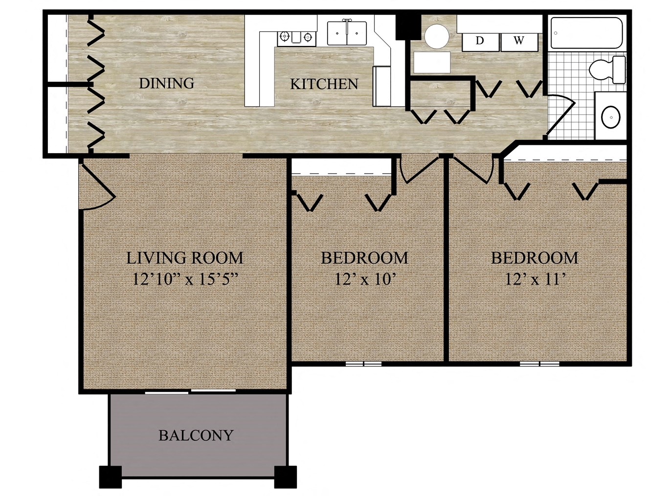 Floor plan for 2 beds, 1 bath, 1060 sqft